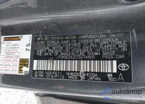 2007 Toyota Prius from USA, damaged, VIN JTDKB20U273274455